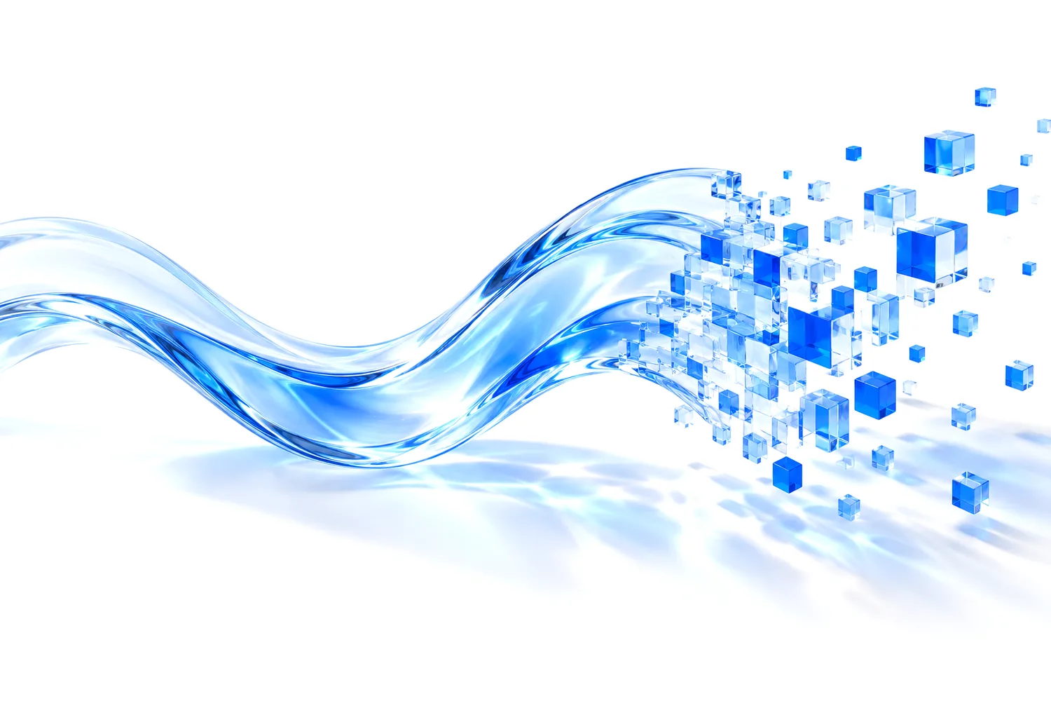 Abstract render: a wave of blue glass, like a river, breaking up into small cubes, like pixels.